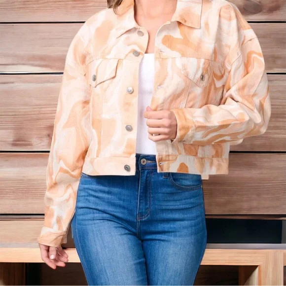 PEACH LOVE CALIFORNIA Peach and rust tie die denim jacket M L - Picture 7 of 9